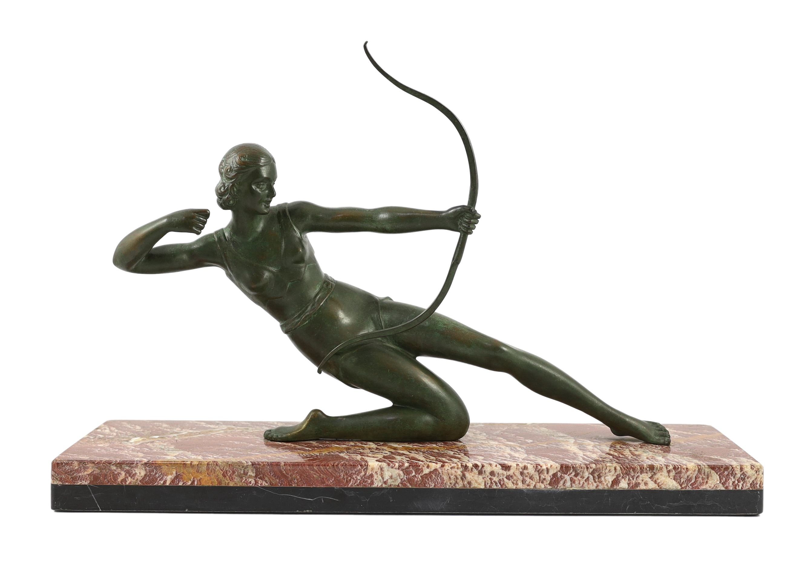 Salvatore Melani (Italian, 1902-1934). An Art Deco bronze figure of a female archer, 57cm wide, 17cm deep, 38cm high